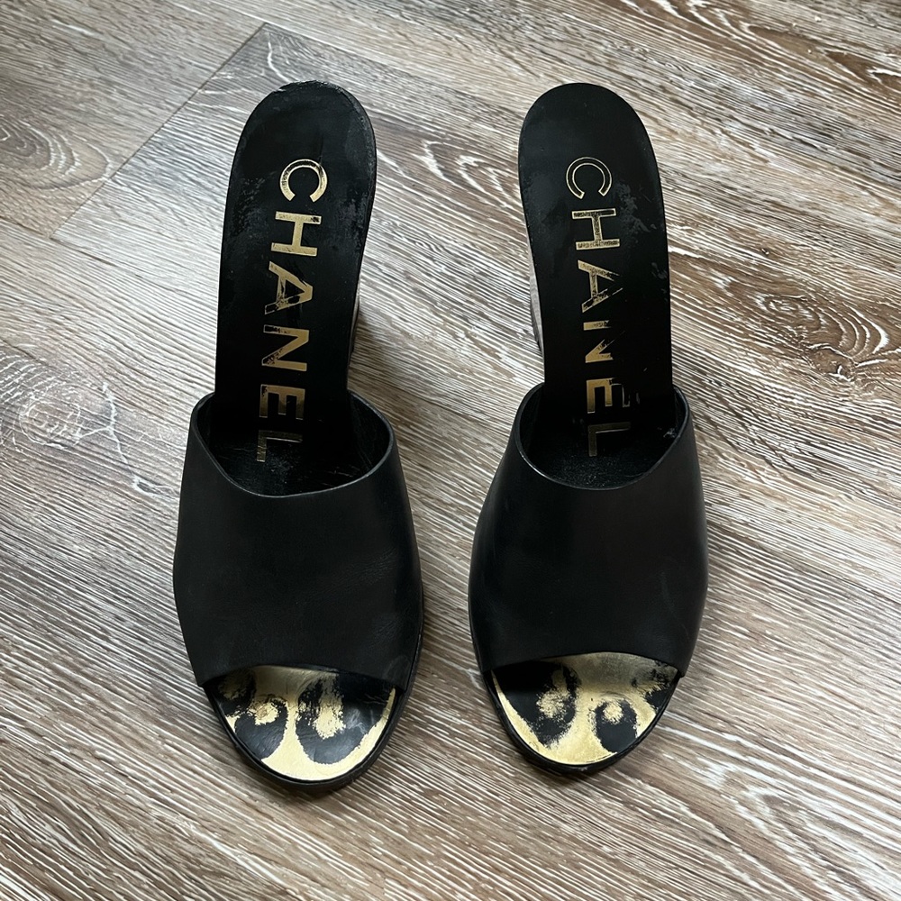 Chanel black leather wedge heels